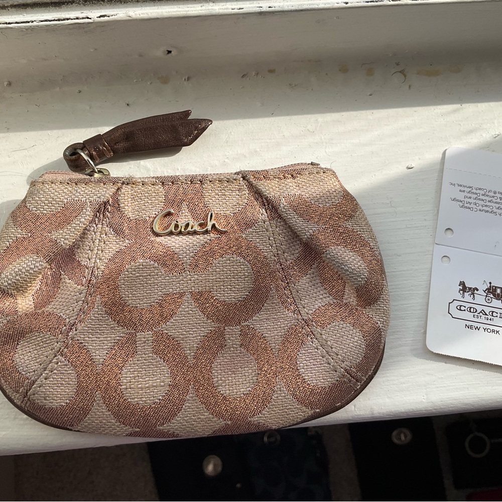 Coach Beige & Brown Signature Jacquard Small Wristlet